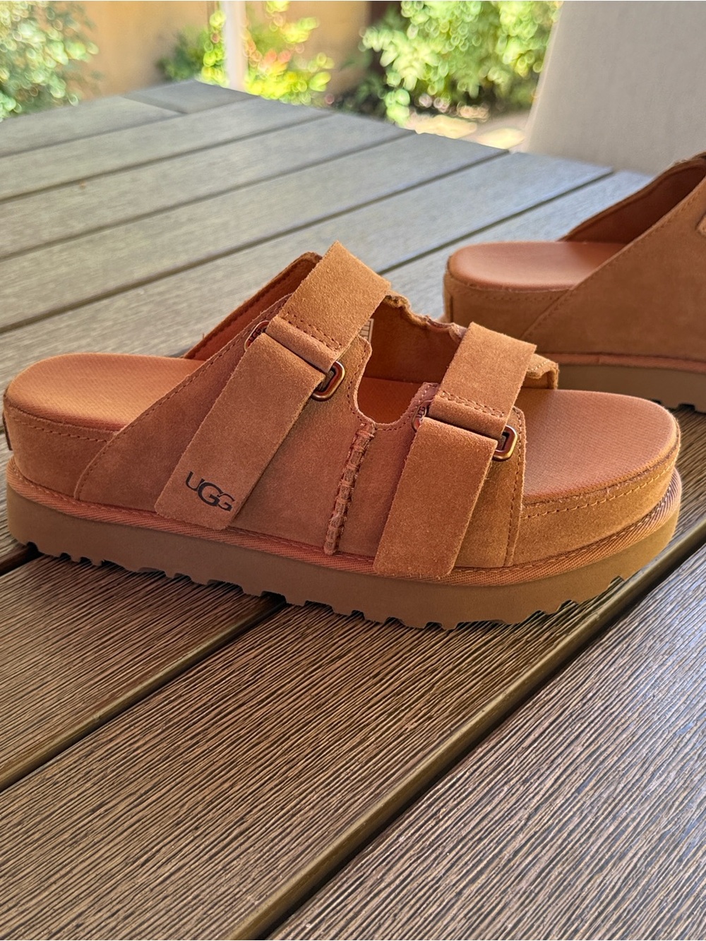 UGG Chestnut Suede Double-Strap Platform Slides - Picture 6 of 7